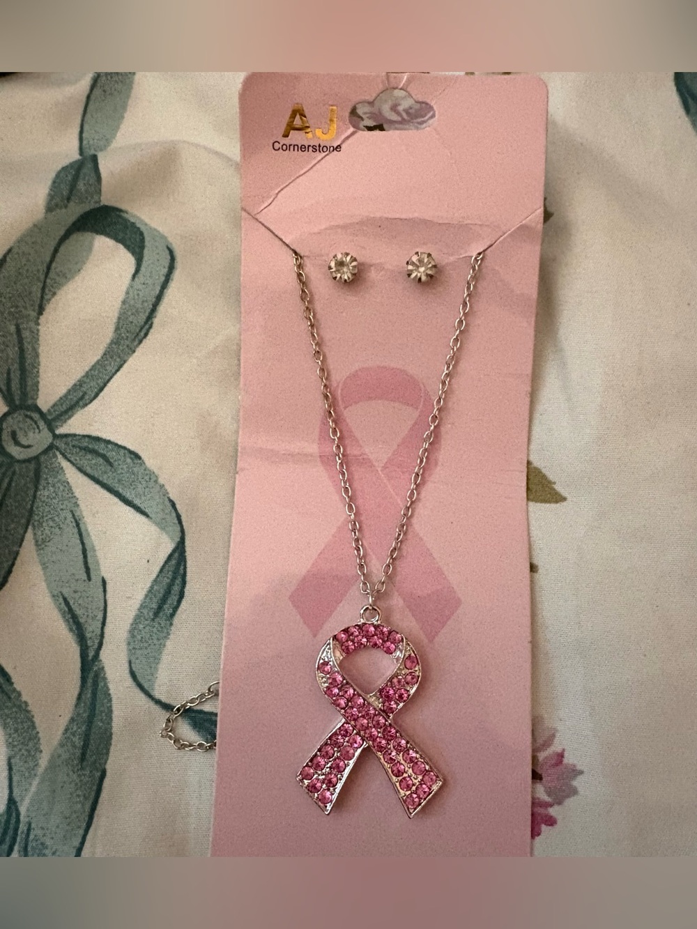 Pink Ribbon Crystal Necklace with Stud Earrings